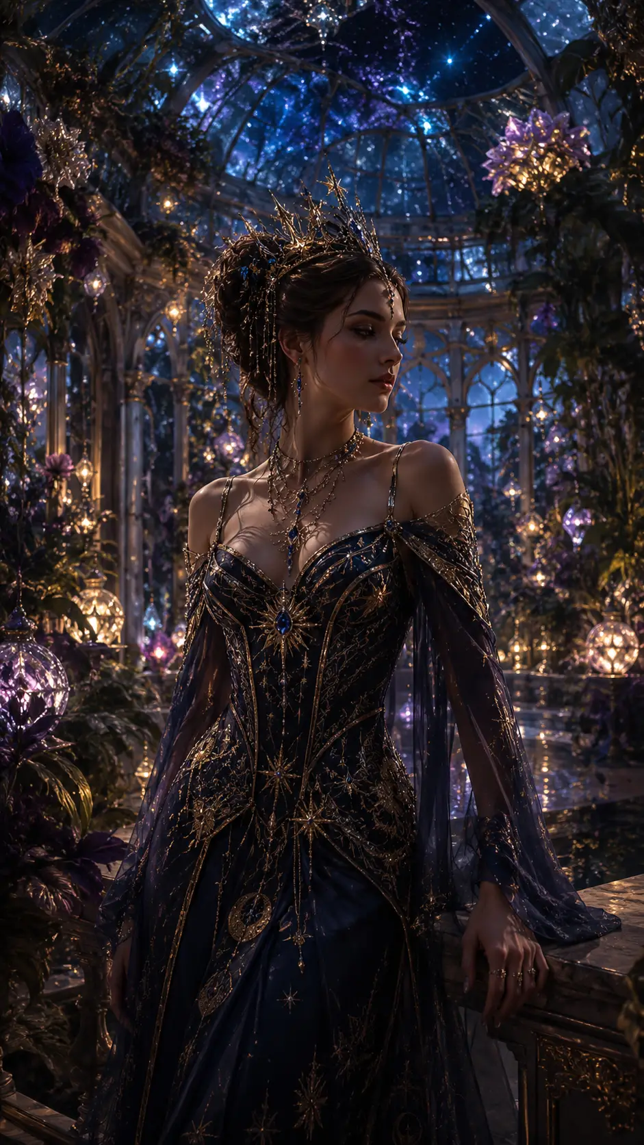 Regal queen in a glass conservatory of glowing celestial flora