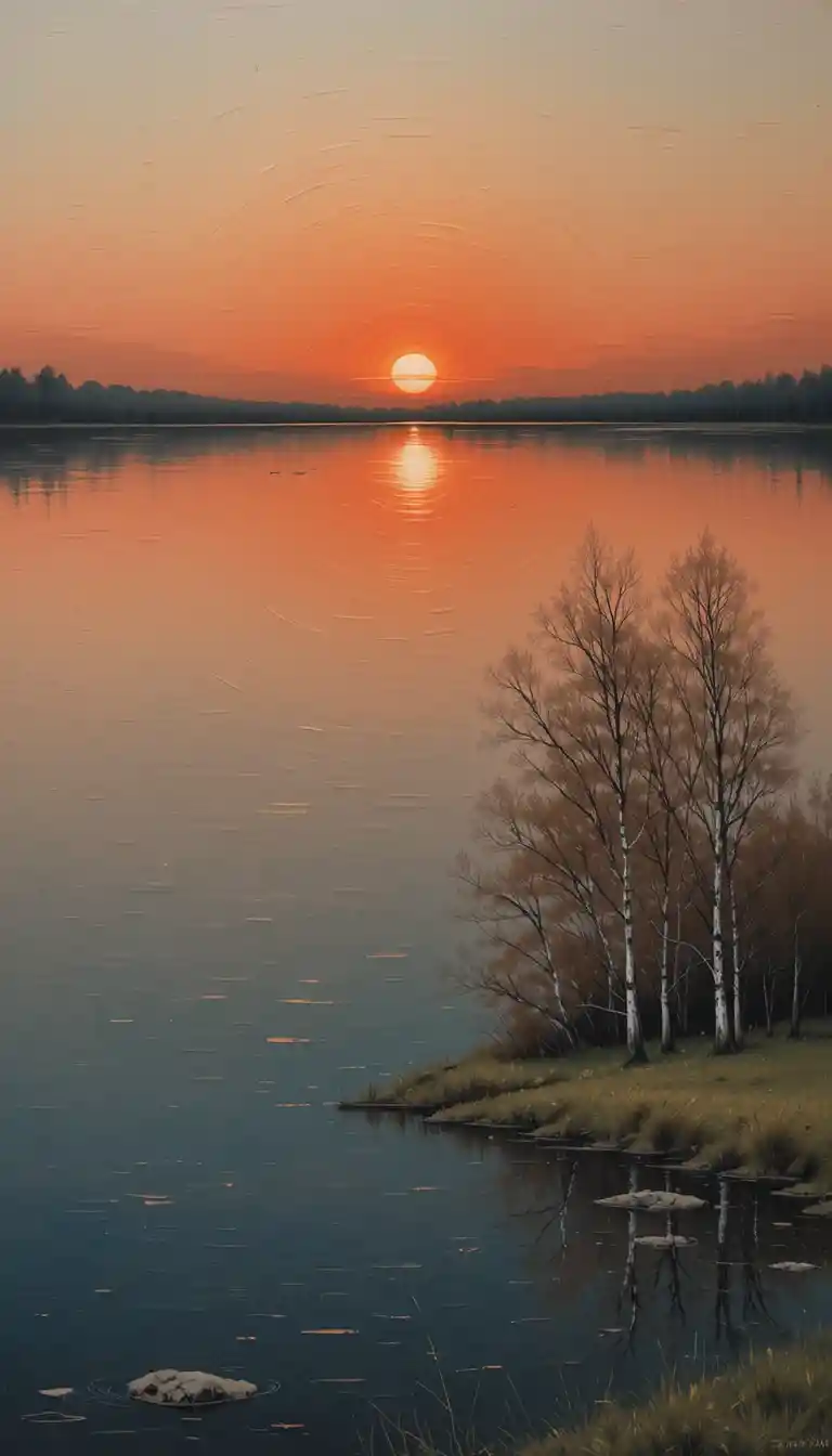 Abstract lake landscape with sunset reflections and trees