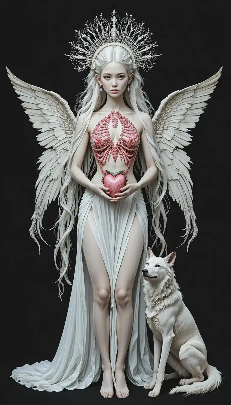 Gothic rococo woman with porcelain heart and loyal wolf