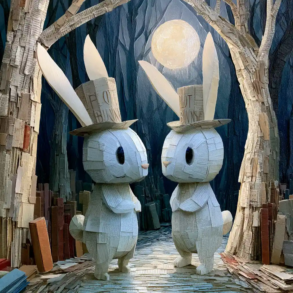 Two paper rabbits in a moonlit fantasy book forest