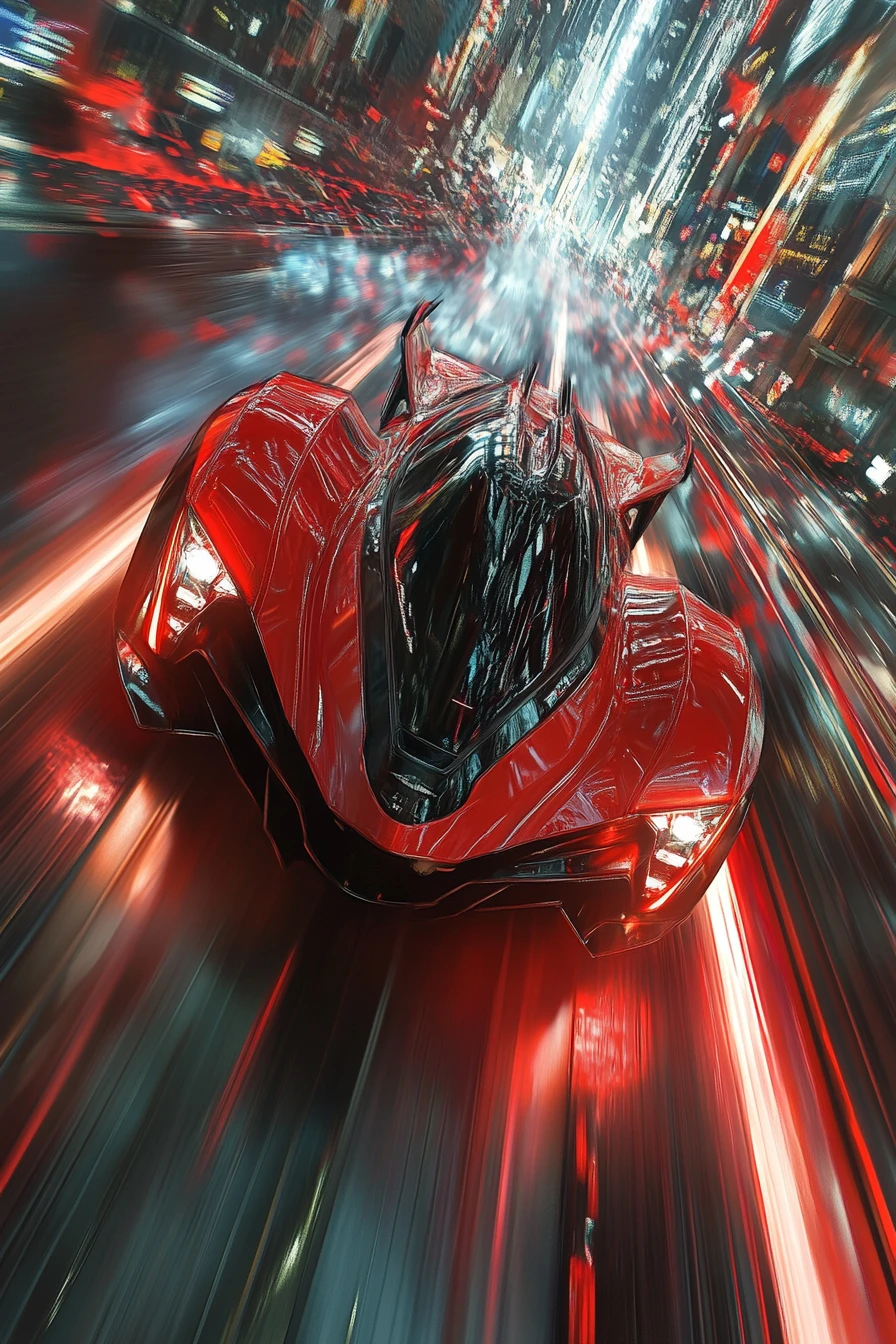 Auto deportivo rojo futurista avanzando a gran velocidad