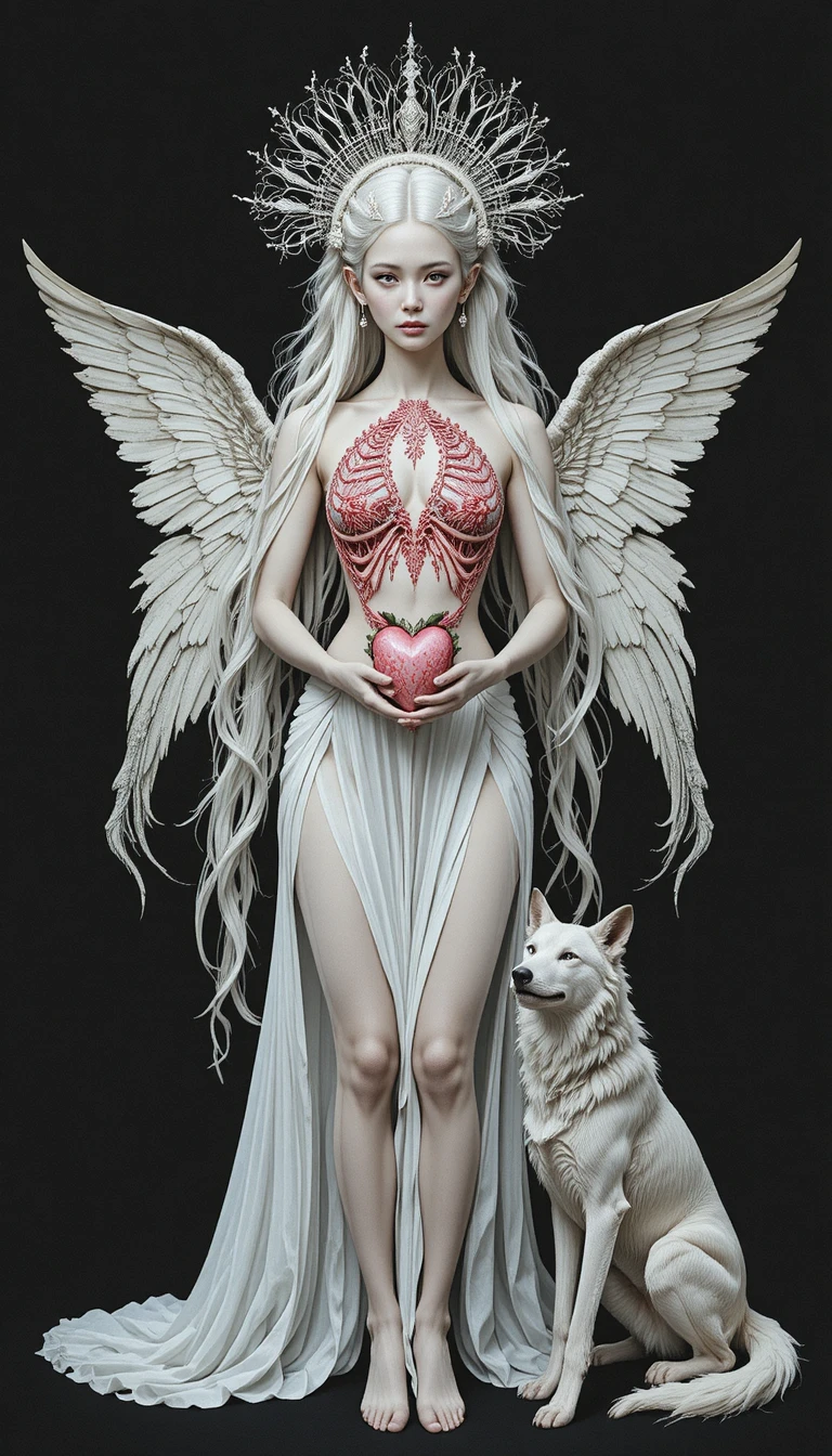Gothic rococo woman with porcelain heart and loyal wolf
