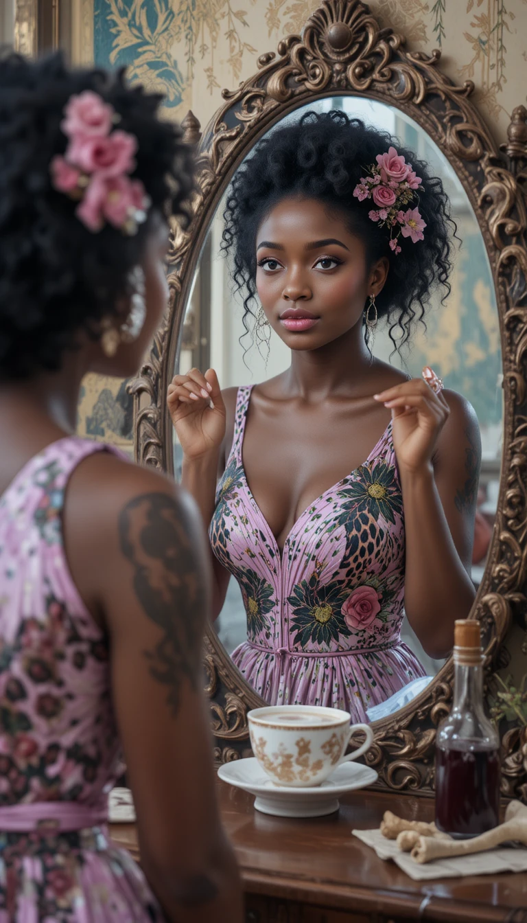 Black woman in pink dress gazing into leopard print mirror