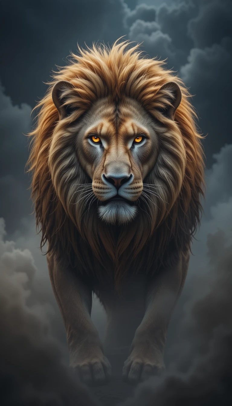 Powerful lion with glowing eyes in smoky dramatic background