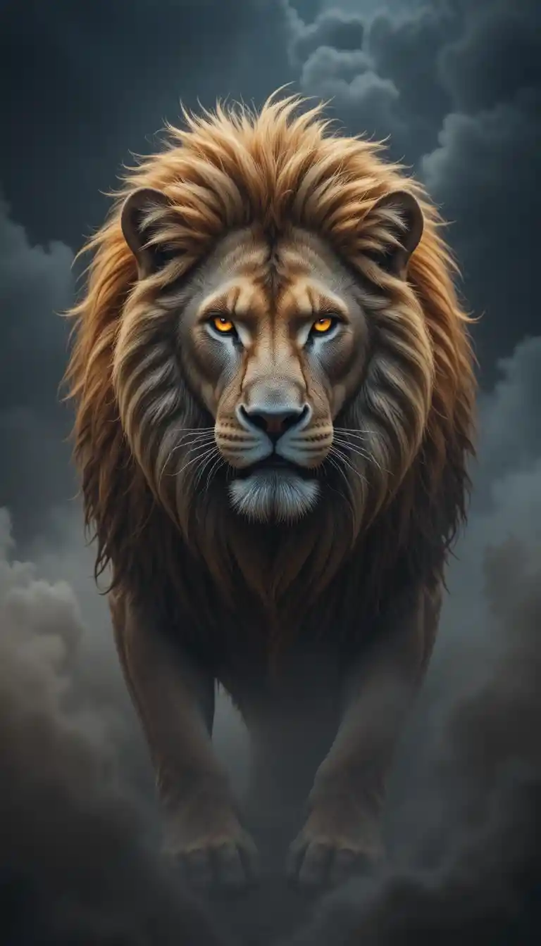 Powerful lion with glowing eyes in smoky dramatic background