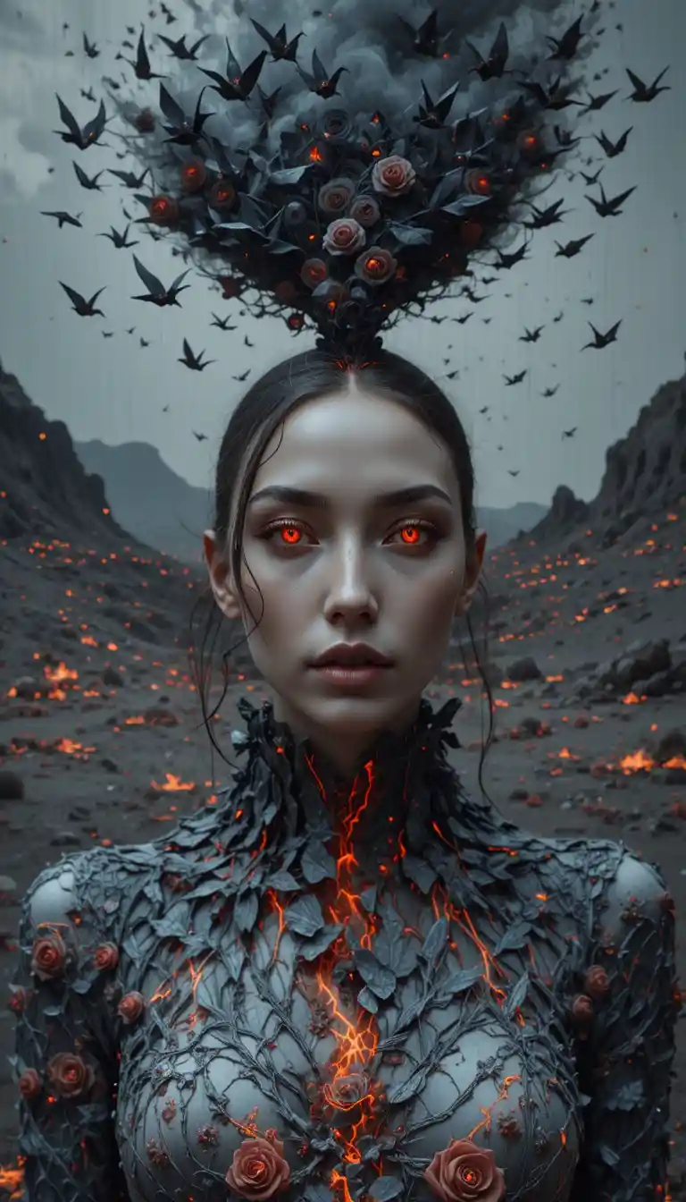 Mulher Surreal em Vestido de Fumaça e Vidro Vulcânico