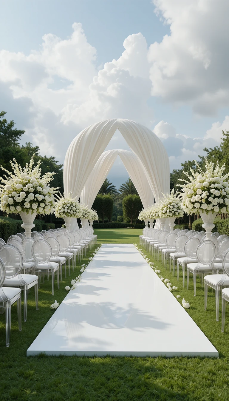 Luxury outdoor wedding aisle with sculptural fabric arches