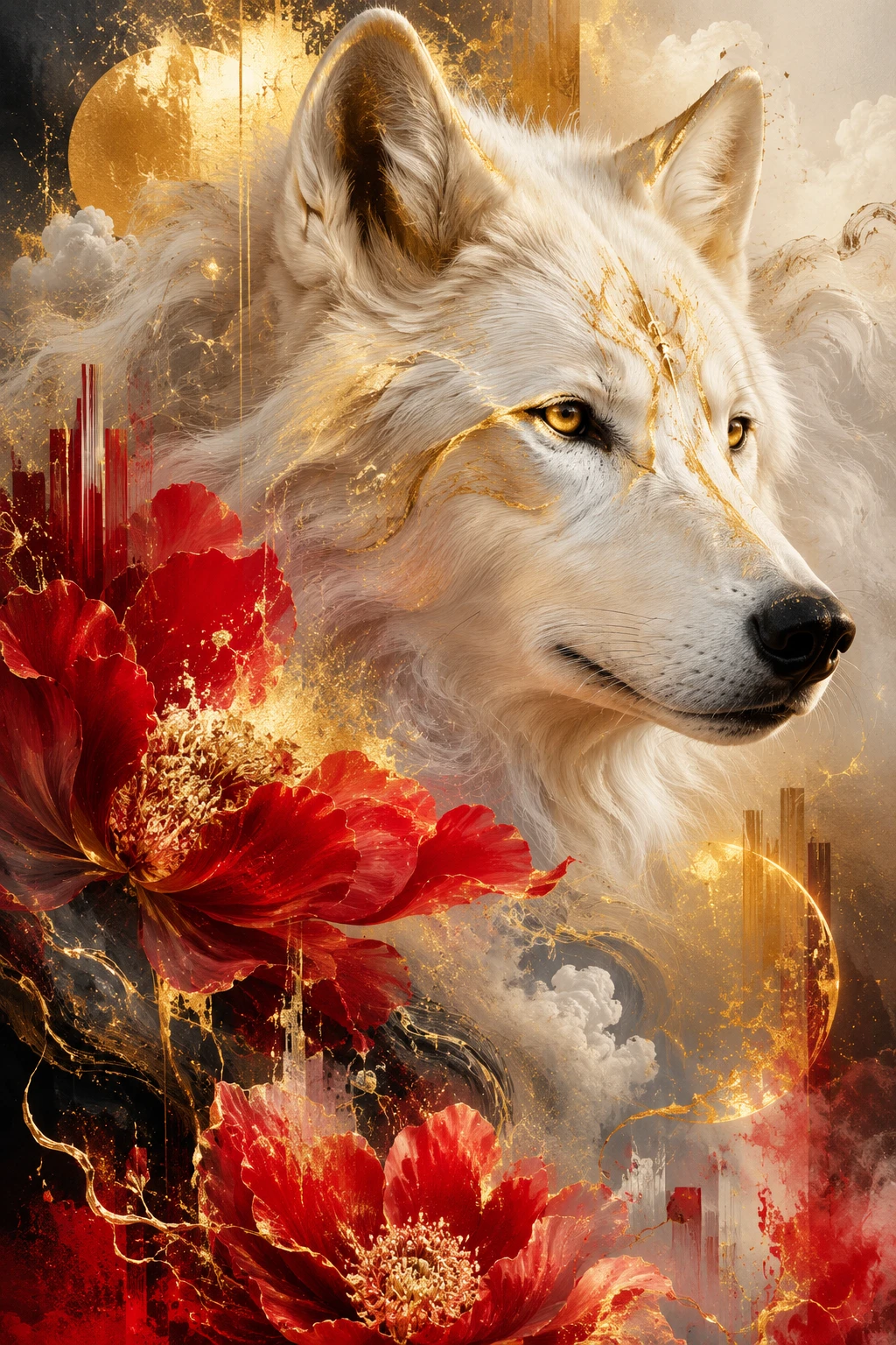 Close up white wolf with golden accents and neon style