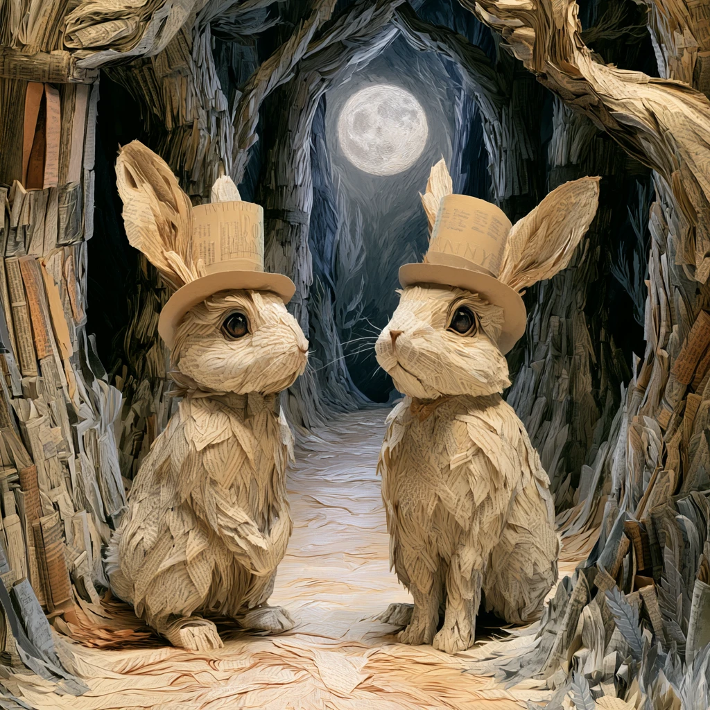 Paper rabbits in a moonlit fantasy book forest path