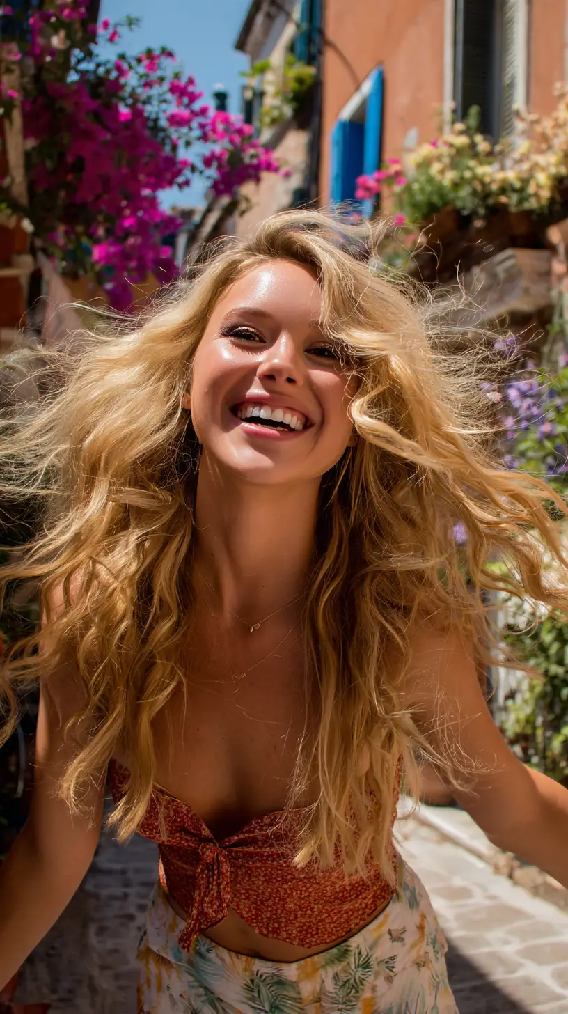 Laughing sunlit woman on a Mediterranean coastal path