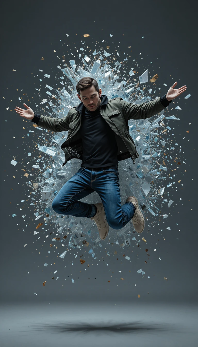Woman leaping in mid air with shards exploding around her
