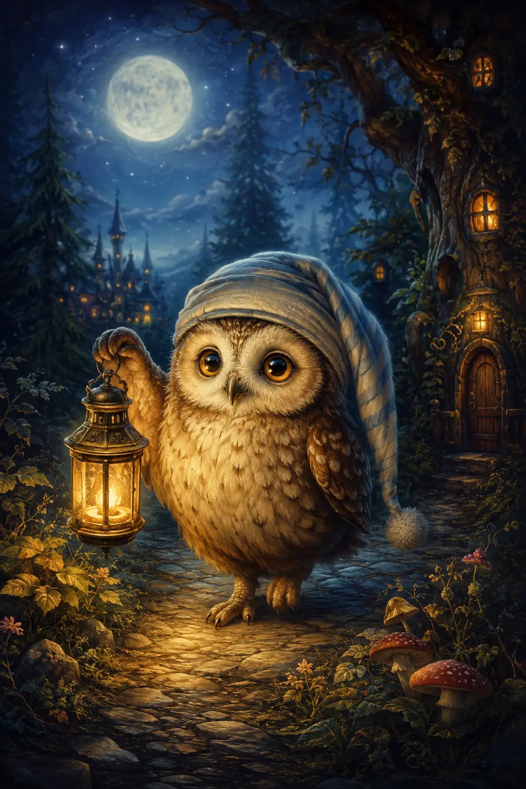 Whimsical owl with nightcap in a glowing forest