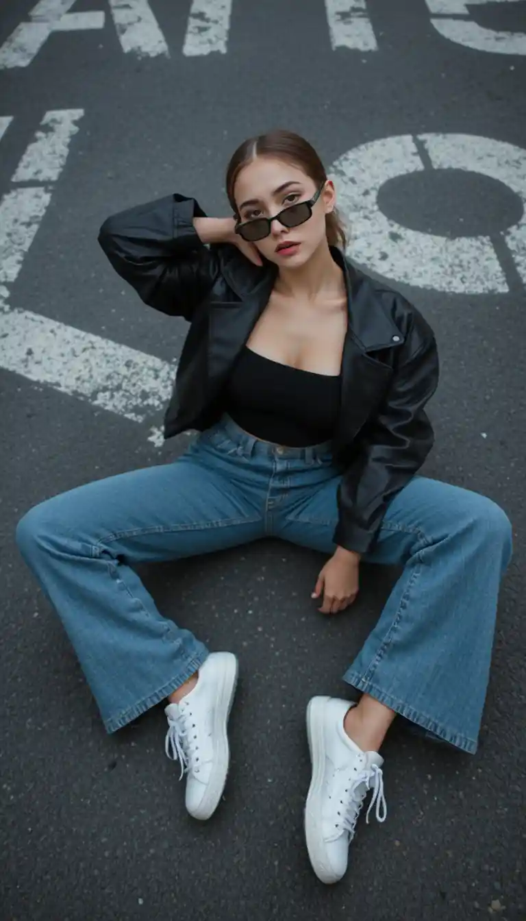 Street fashion portrait of a woman reclining on asphalt