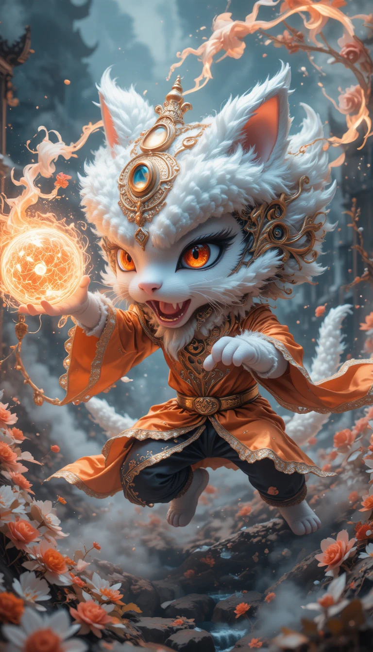 Fantasy cat in lion dance costume with glowing energy orbs