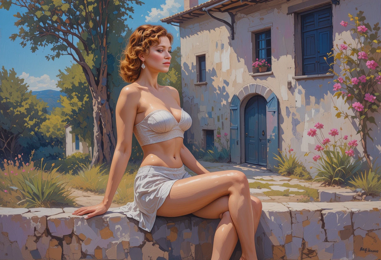 Brunette pin up on a wall by a Provencal farmhouse