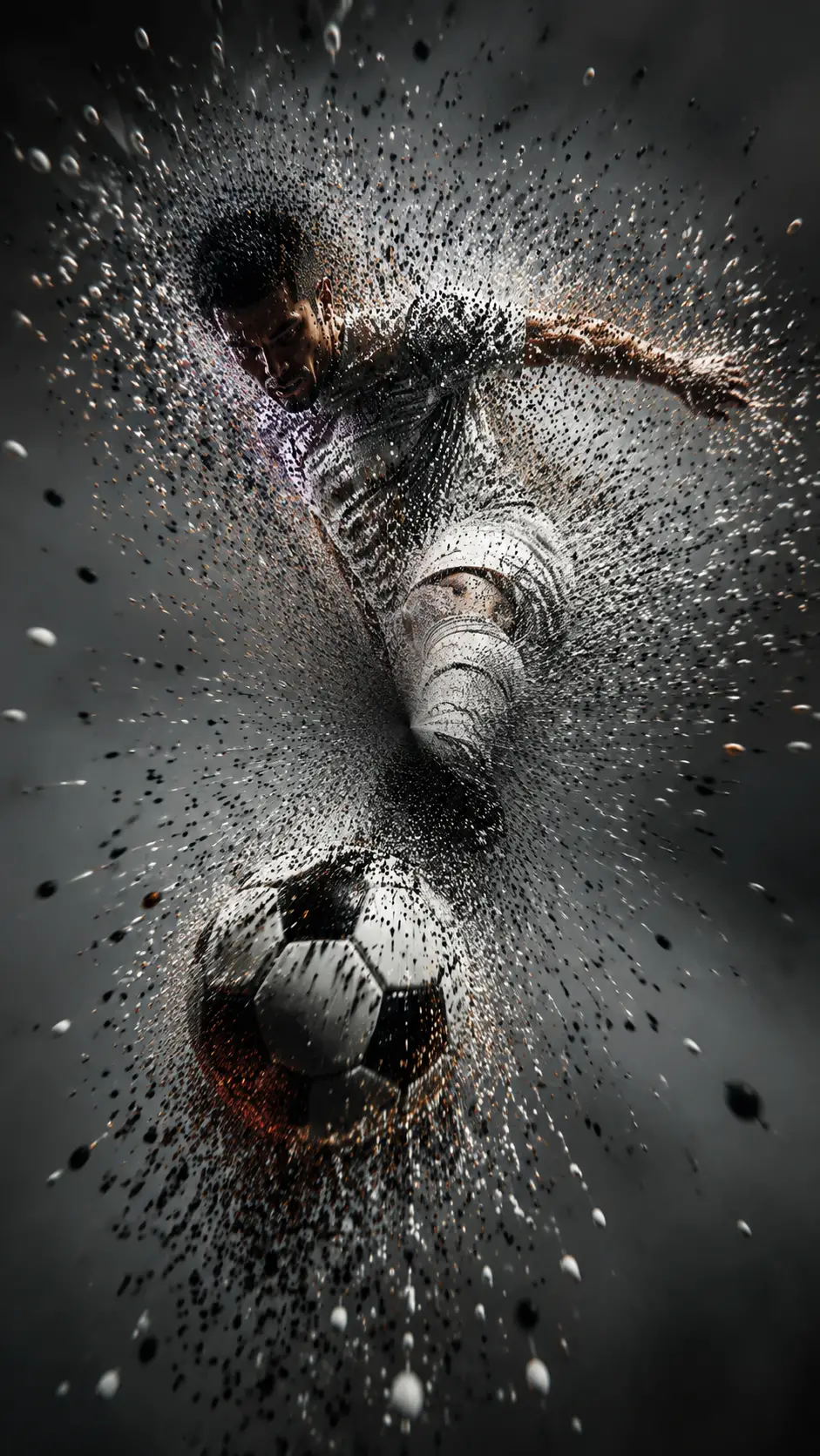 Soccer player dissolving into swirling particle fragments