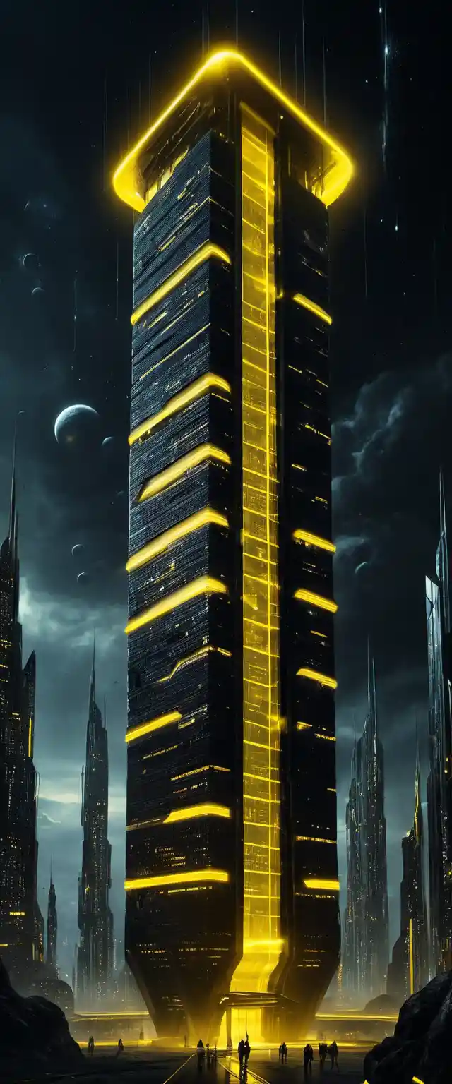 Futuristischer schwarzer Wolkenkratzer mit gelben Neonlichtern