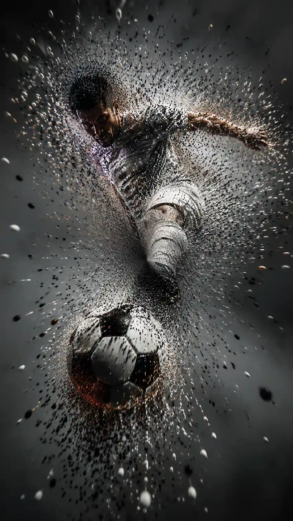 Soccer player dissolving into swirling particle fragments