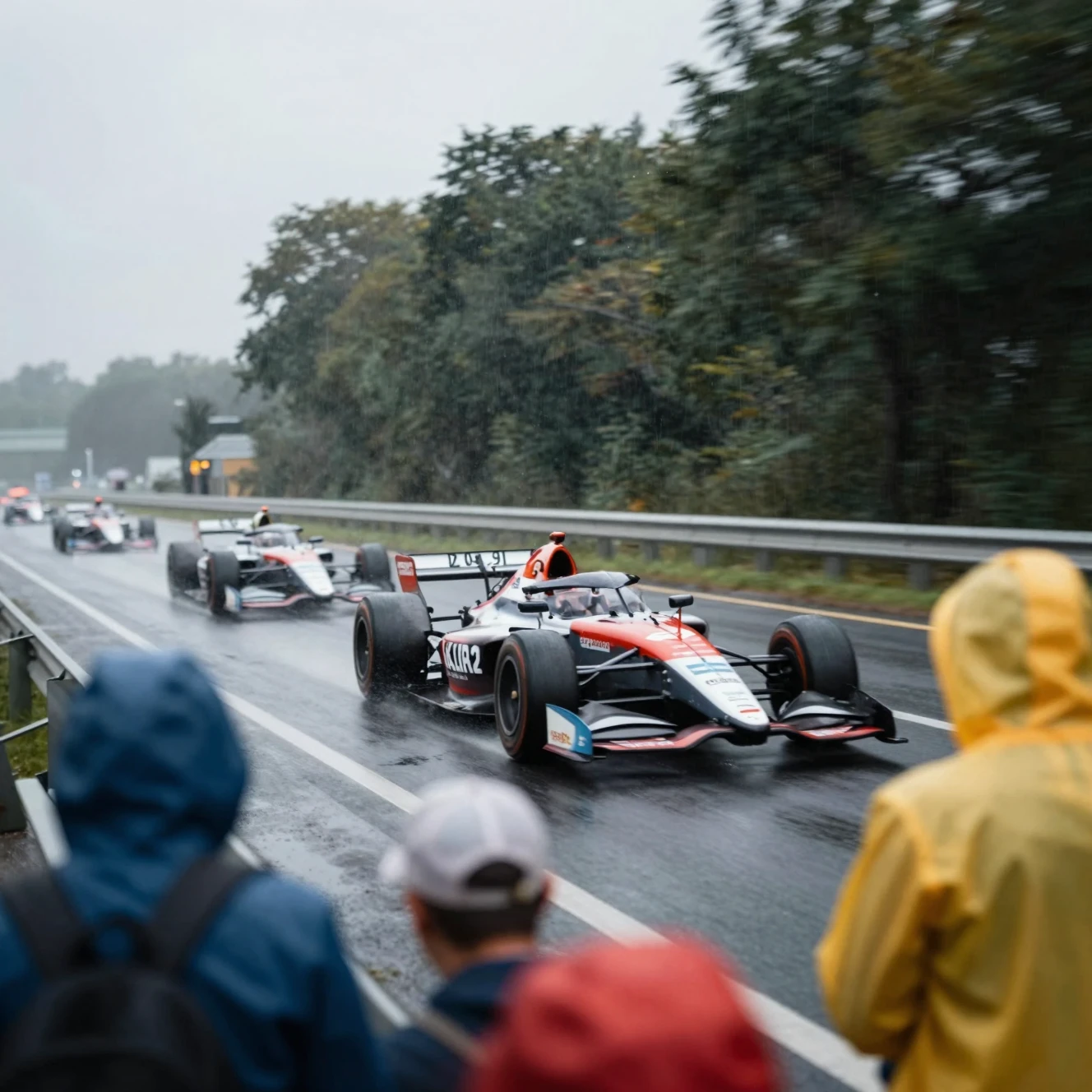 雨のハイウェイを観客の前で疾走するレースカー