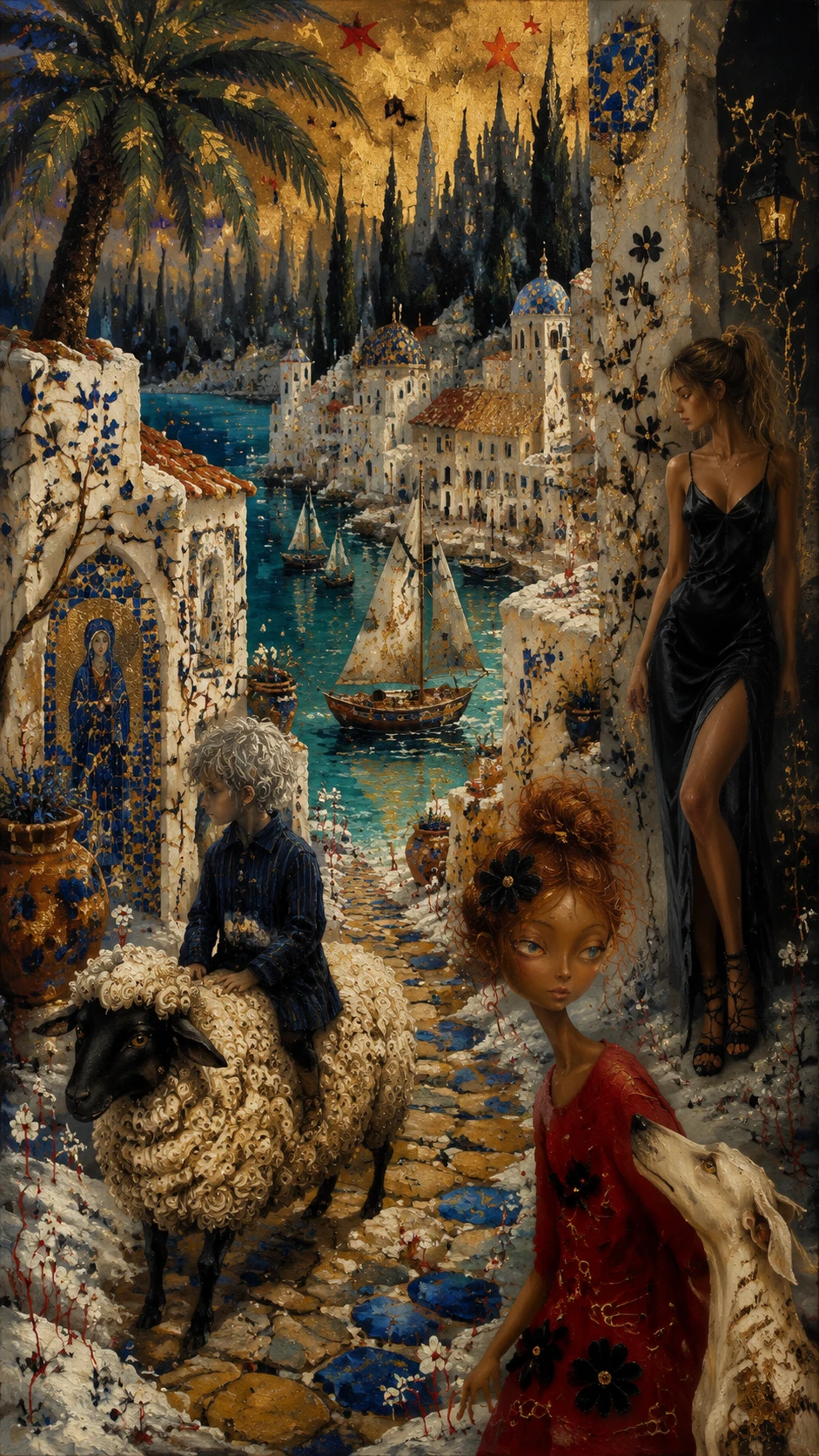 Surreal coastal village alley in a dreamlike fantasy painting