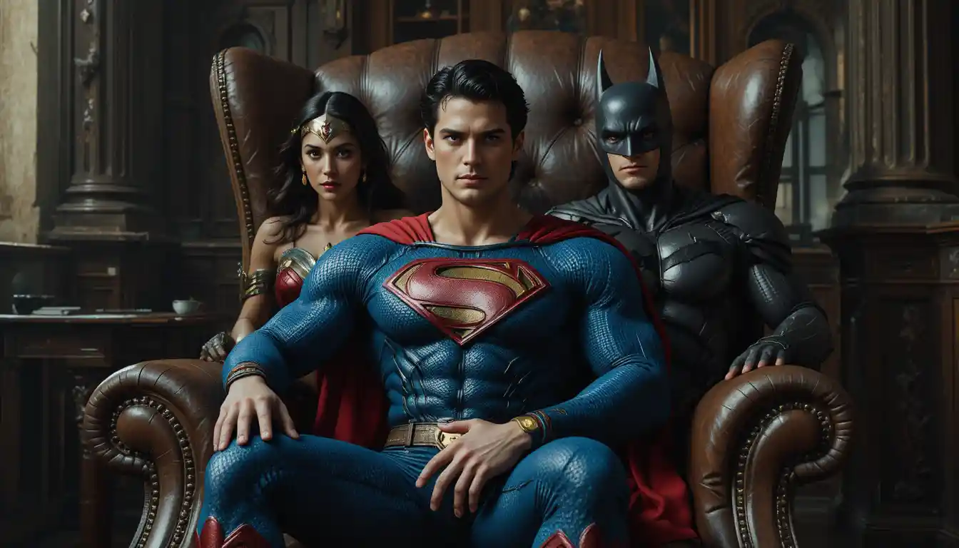 Three superheroes seated together in a worn leather armchair