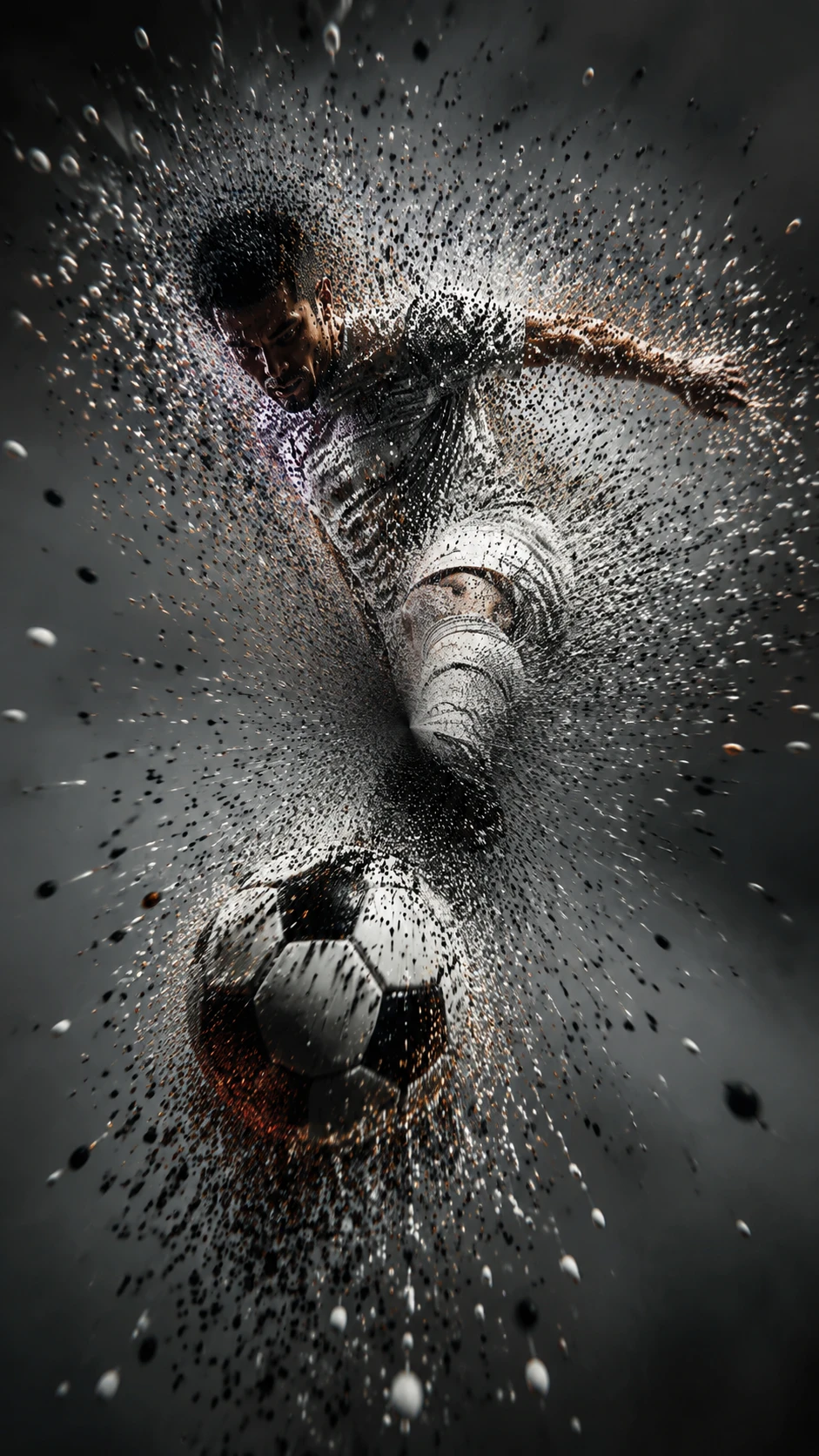 Soccer player dissolving into swirling particle fragments