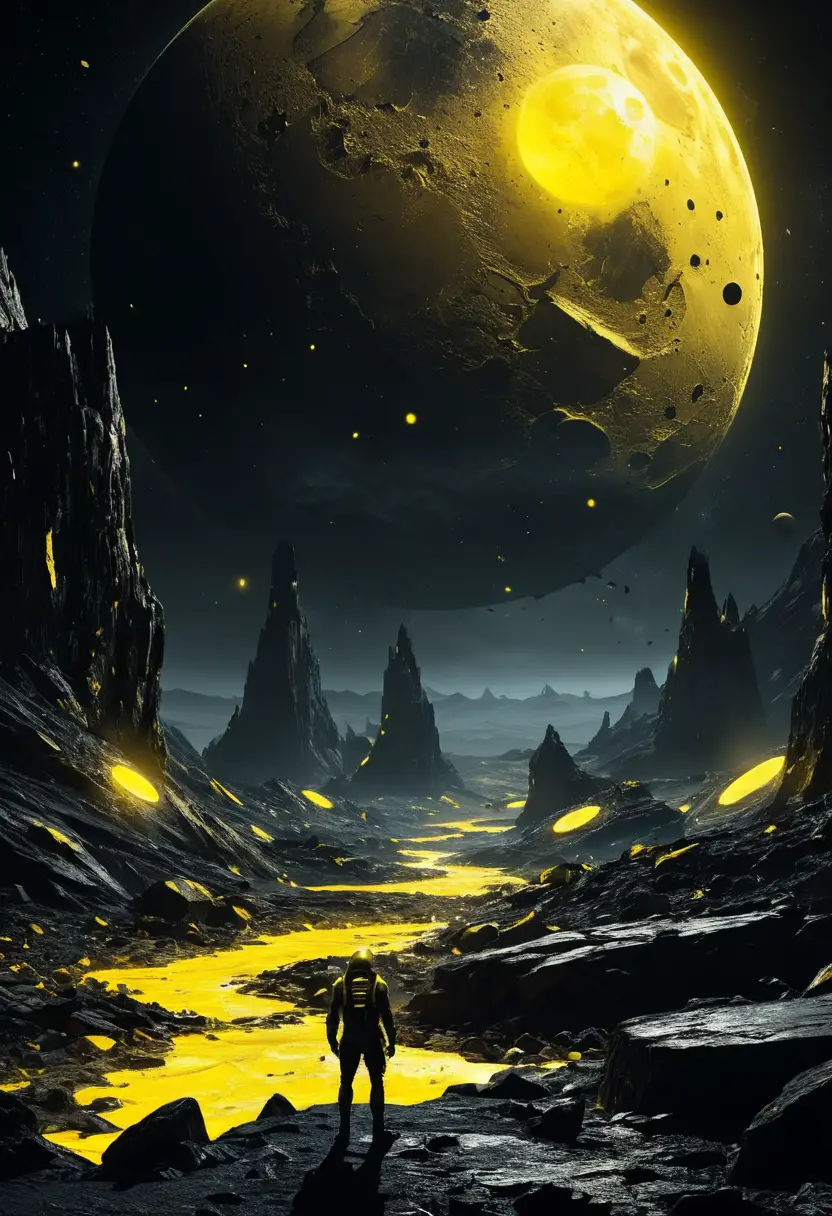 Futuristic rocky alien landscape under a shattered yellow moon