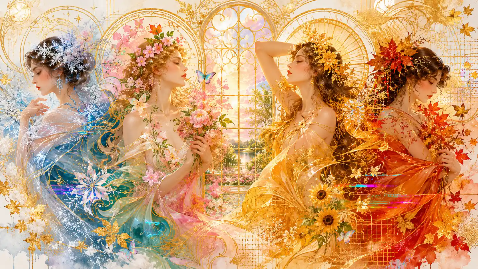 Decorative window with golden abstract seasonal illustration