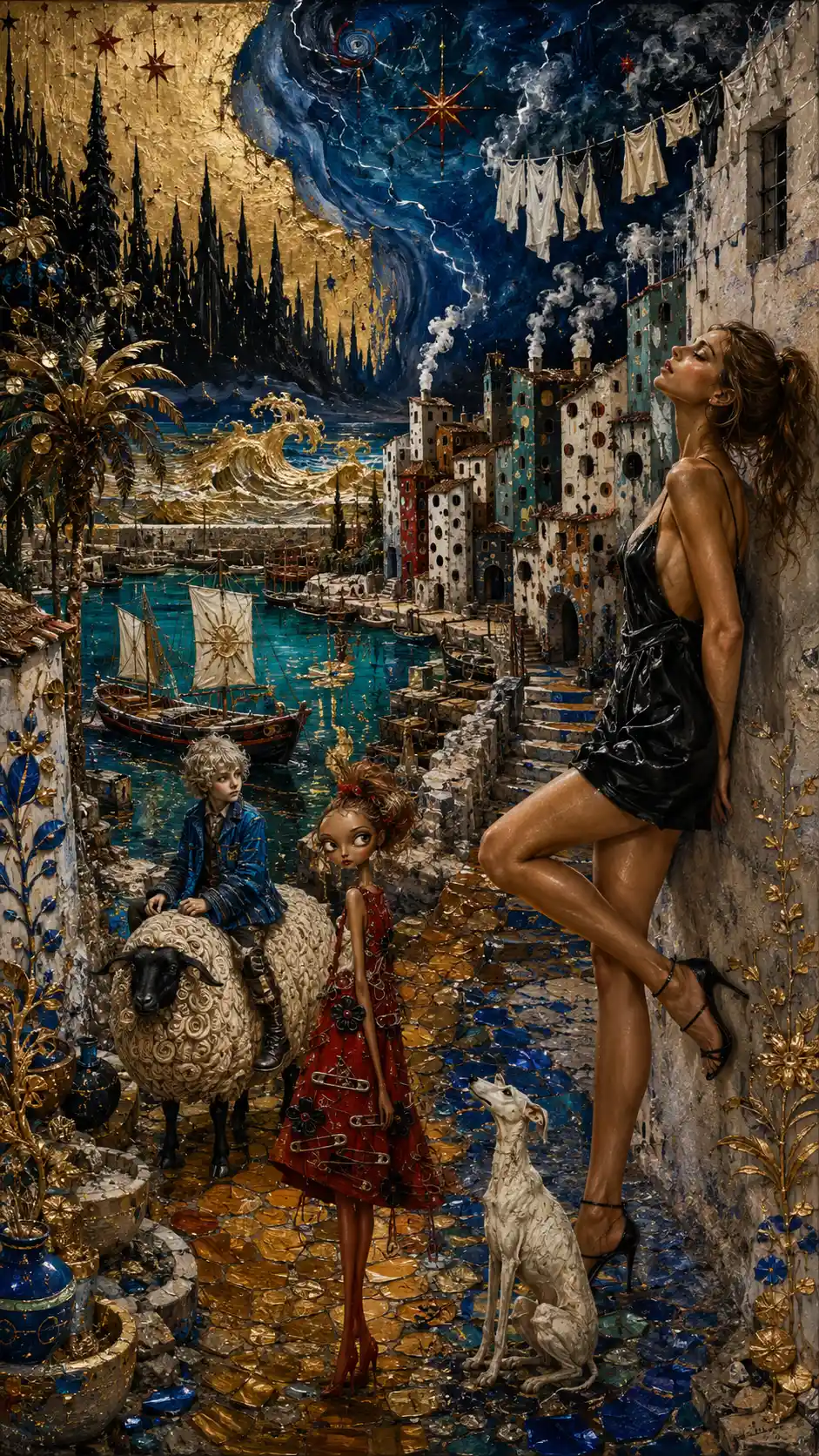 Surreal Mediterranean alley with boy riding a white sheep