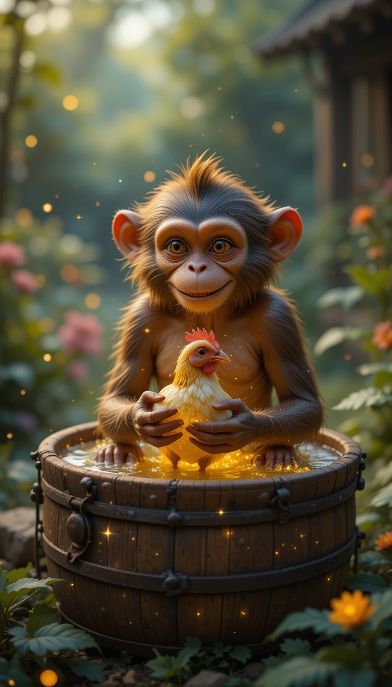 Joyful monkey bathing in a garden water barrel at night