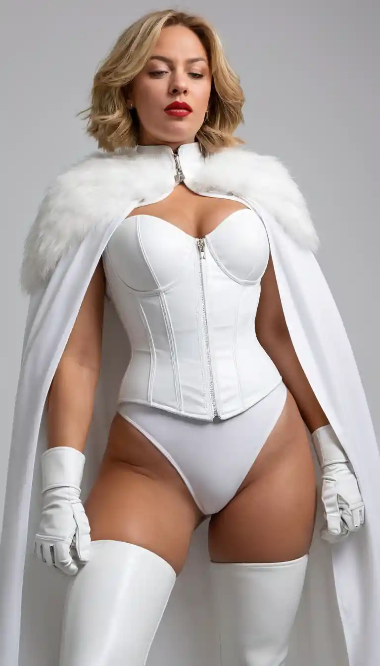 Low angle view of blonde woman in white corset outfit