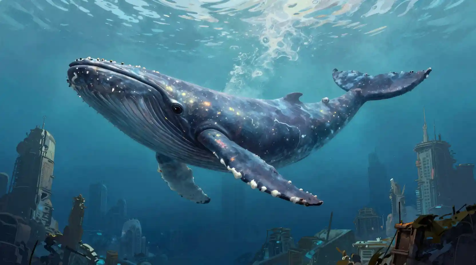 Ancient whale gliding through a ruined underwater metropolis