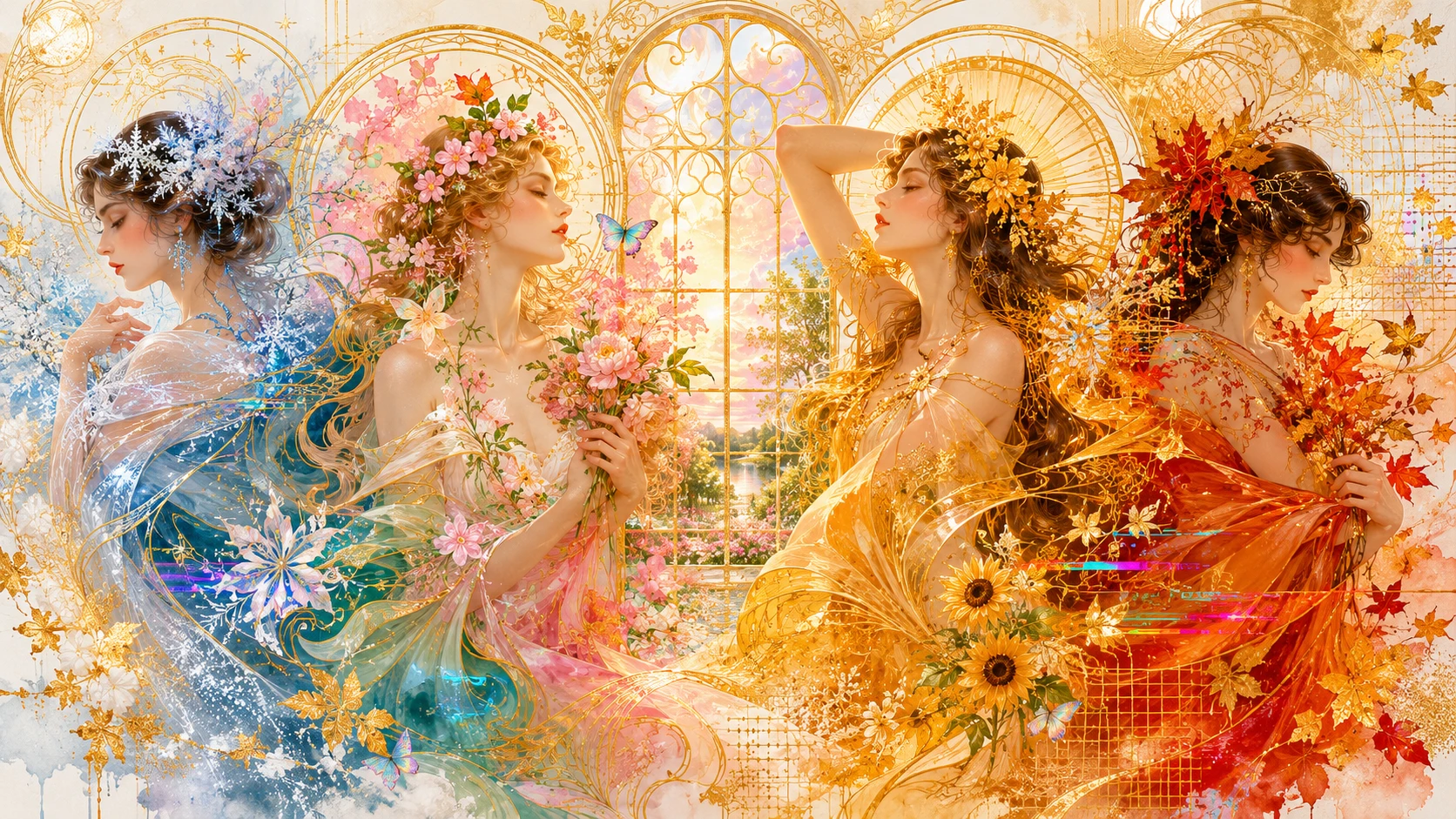 Decorative window with golden abstract seasonal illustration