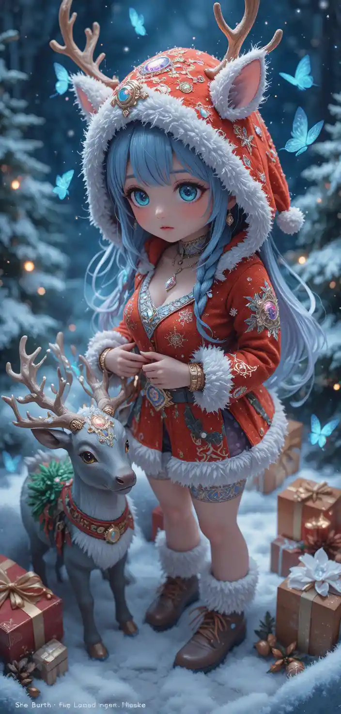 Ragazza renna in stile anime in una magica scena di fantasia natalizia innevata