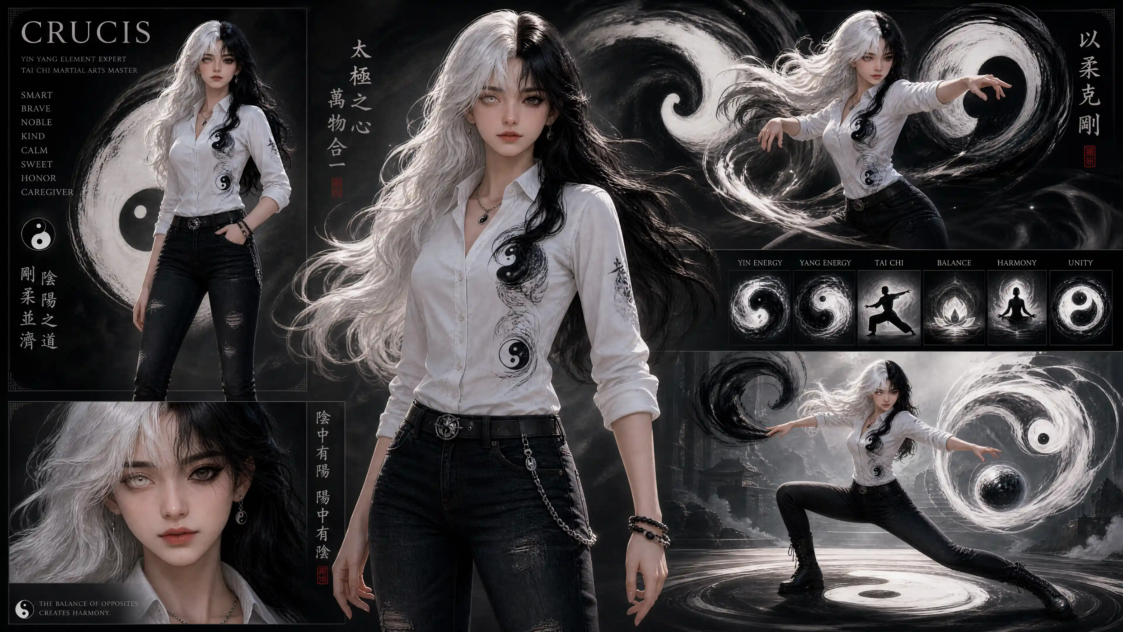Fantasy woman with yin yang hair in casual clothes