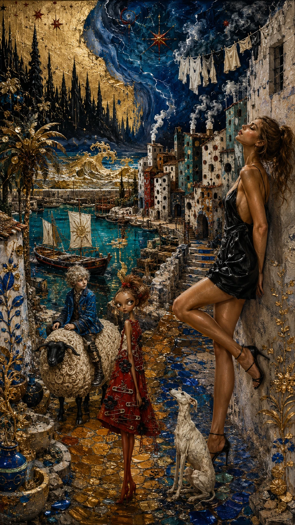 Surreal Mediterranean alley with boy riding a white sheep