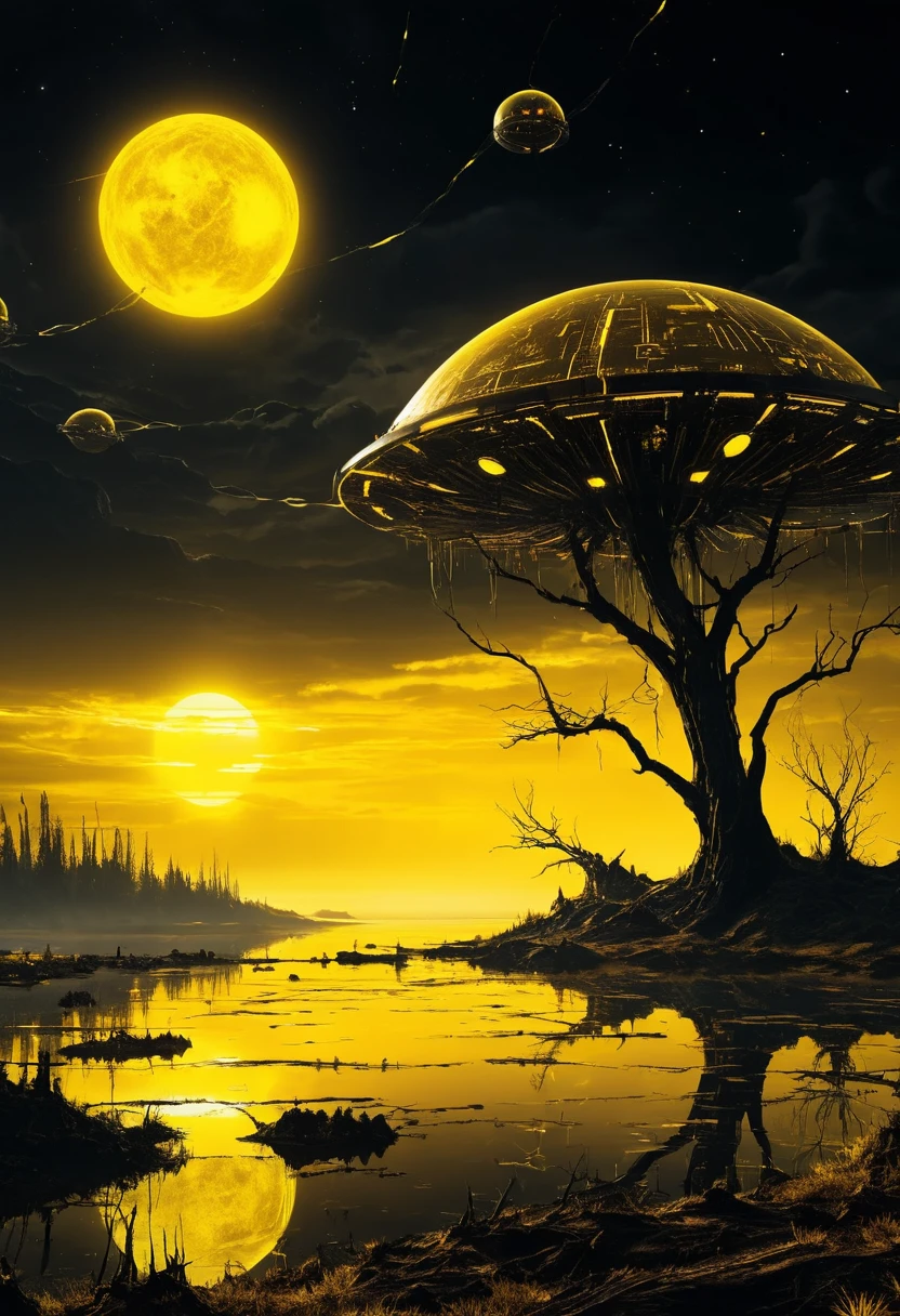 Paisaje futurista de lago de ciencia ficción al atardecer amarillo