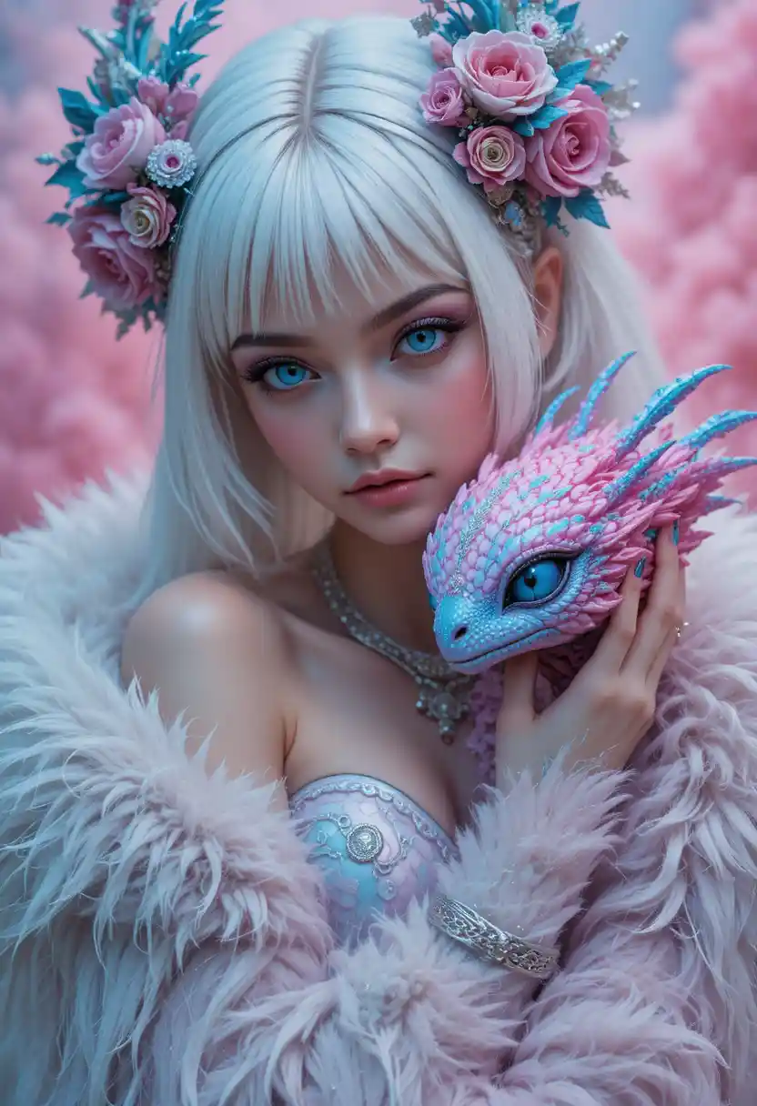 Shy silver haired girl hugging a glowing mystical creature