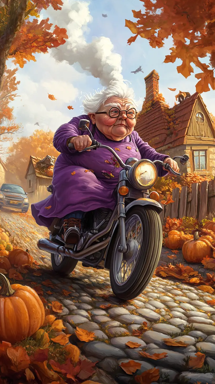 Grandmother Riding Motorcycle Through Rustic Autumn Chicken Coop