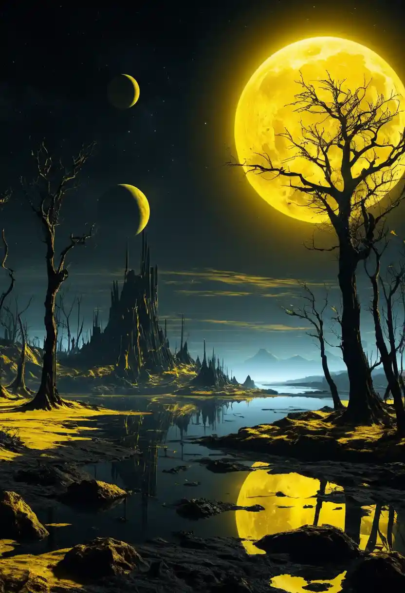 Futuristic sci fi lake under a shattered yellow moon