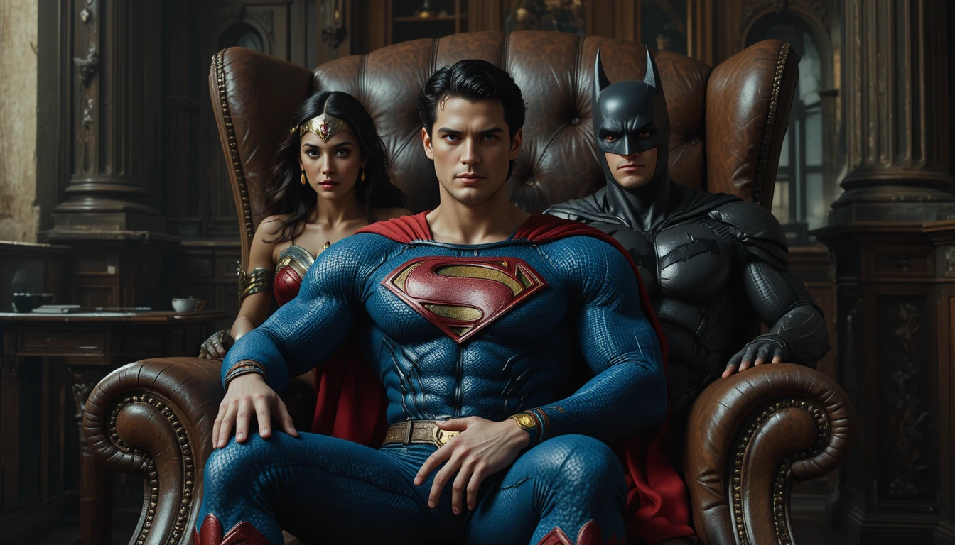 Three superheroes seated together in a worn leather armchair