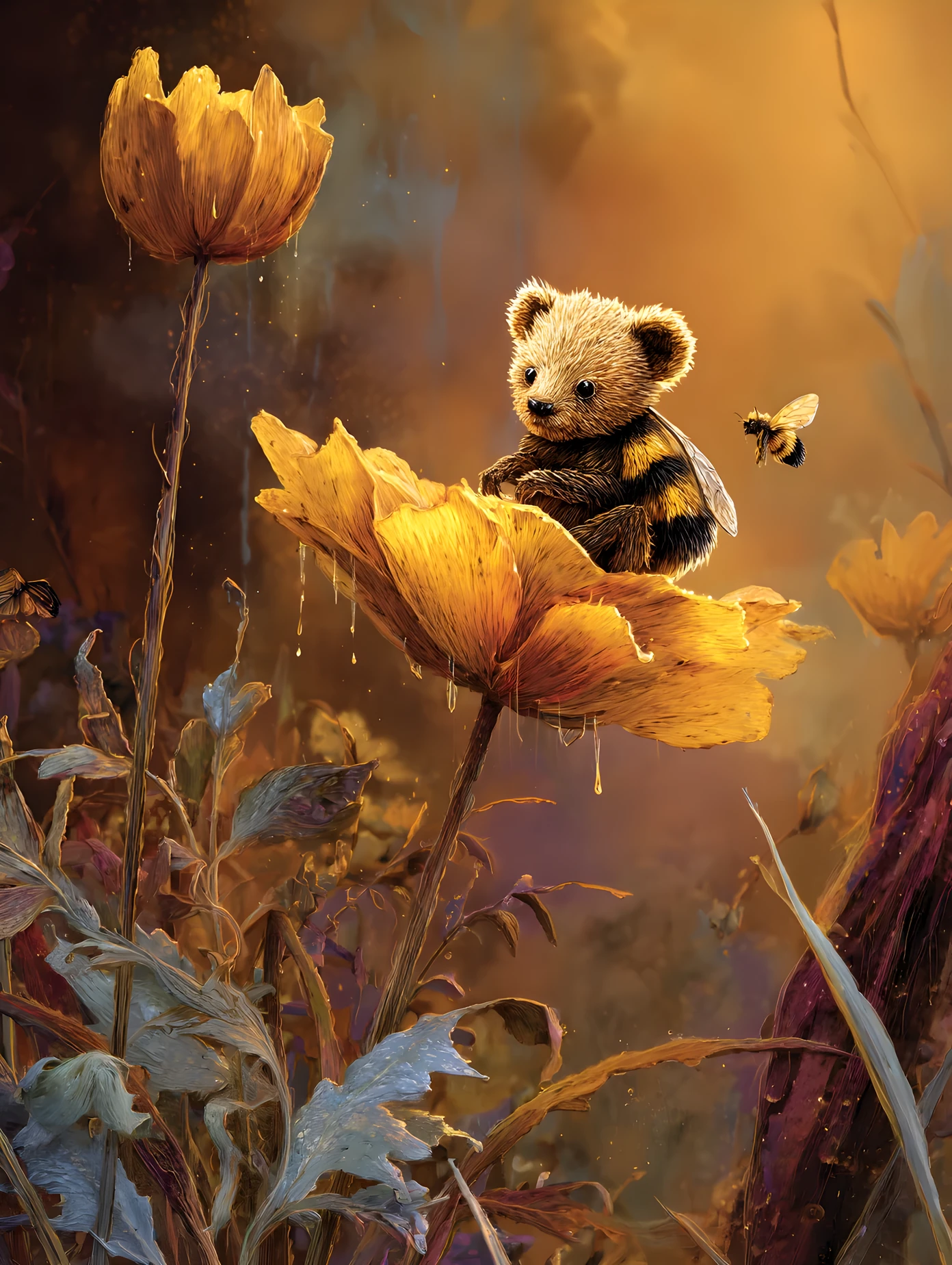 Whimsical bear bumblebee resting on a flower at sunrise