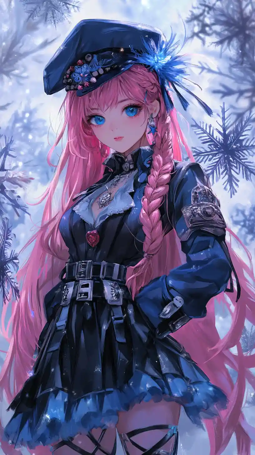 Pink haired anime girl in elaborate feathered military outfit