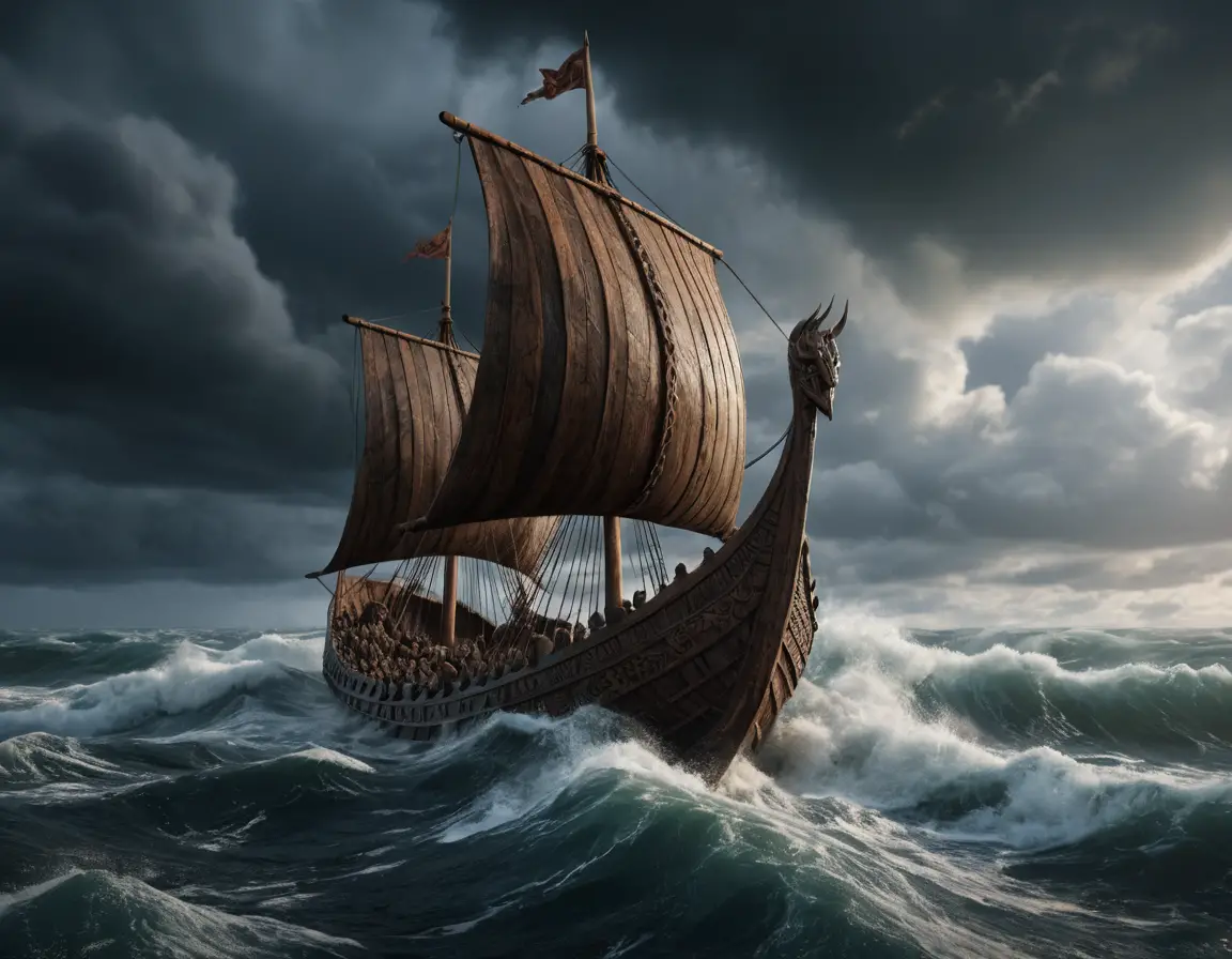 Viking longship battles rough northern seas under storm clouds