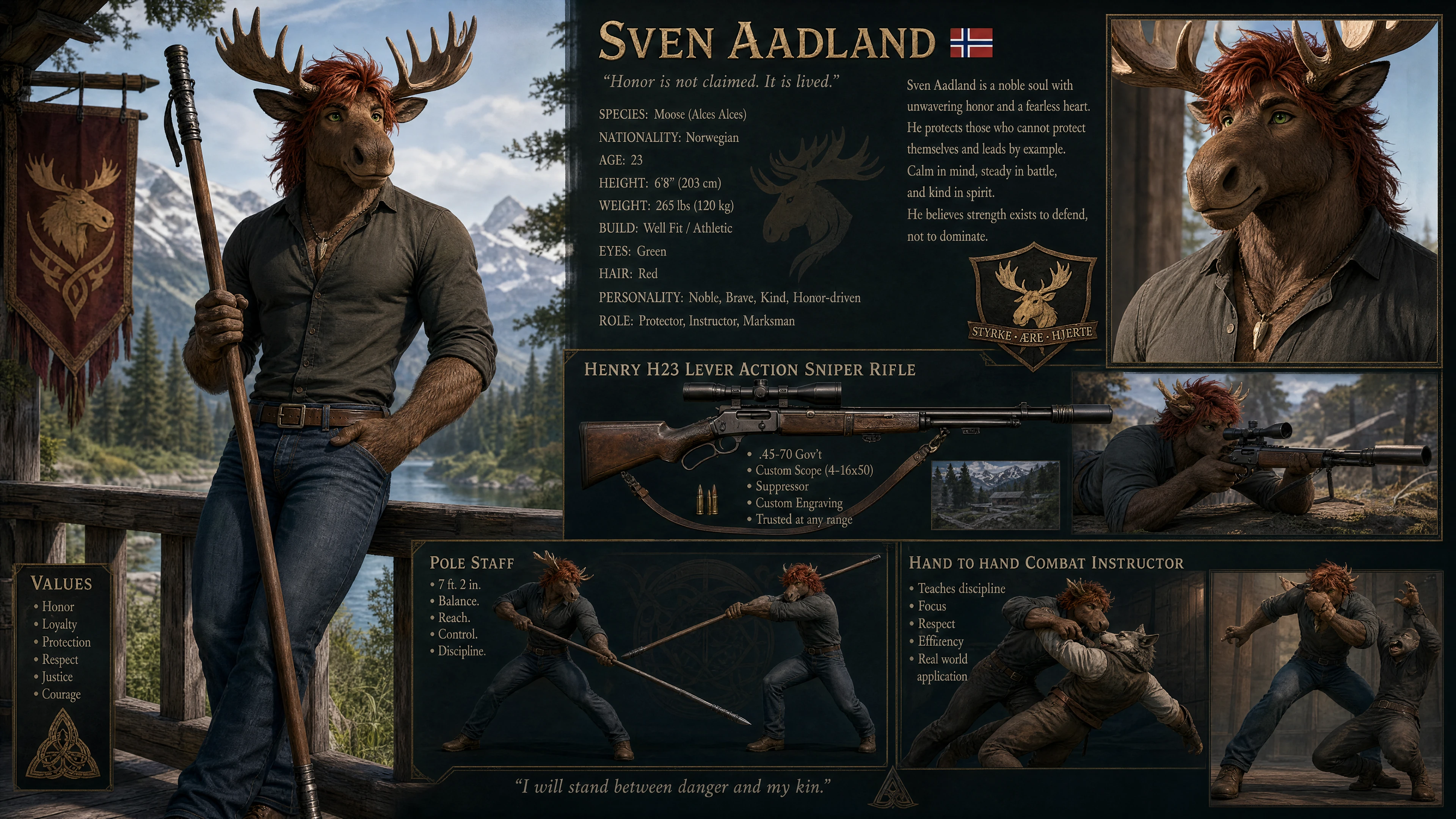 Heroic anthro moose warrior with rifle and pole staff
