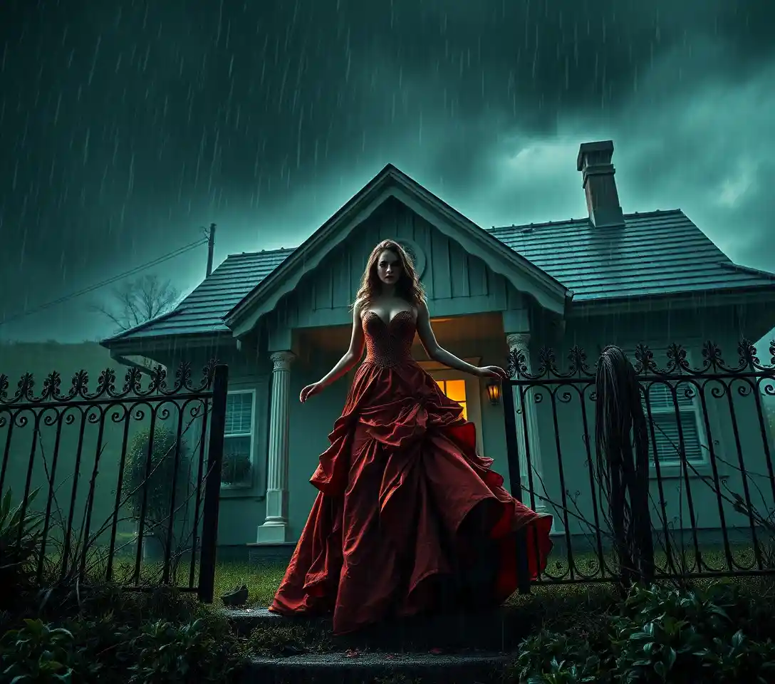 Mulher de vermelho deixando uma casa vitoriana em ruínas na tempestade
