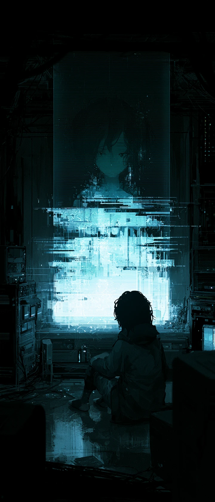 Woman and glitching spirit in neon lit anime room