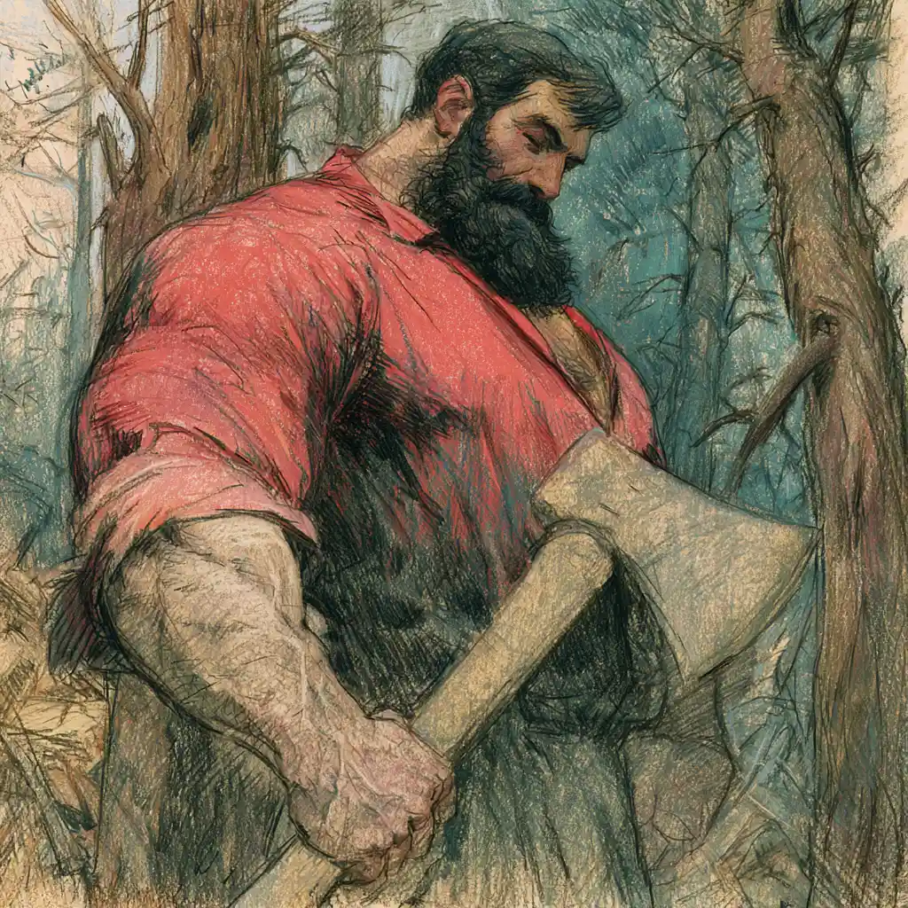 Powerful lumberjack standing in a pine forest illustration