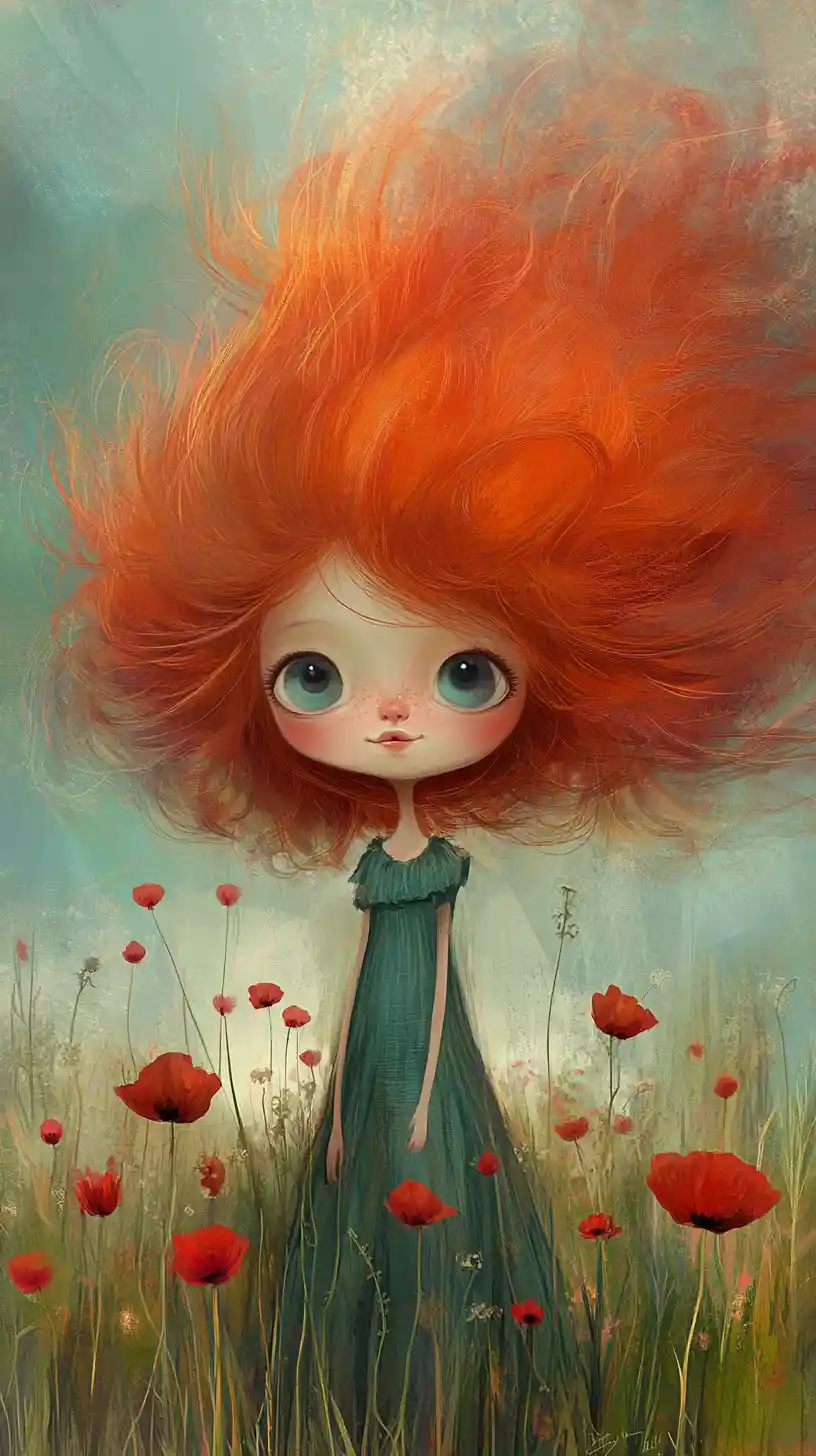 Dreamy red haired girl in a glowing poppy field