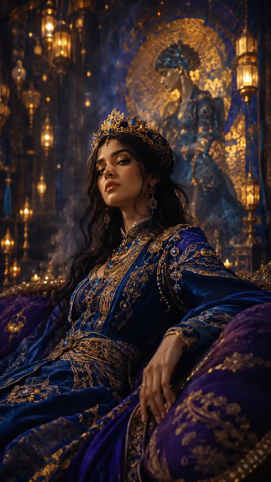 Modern princess reclining in a luminous royal sanctuary